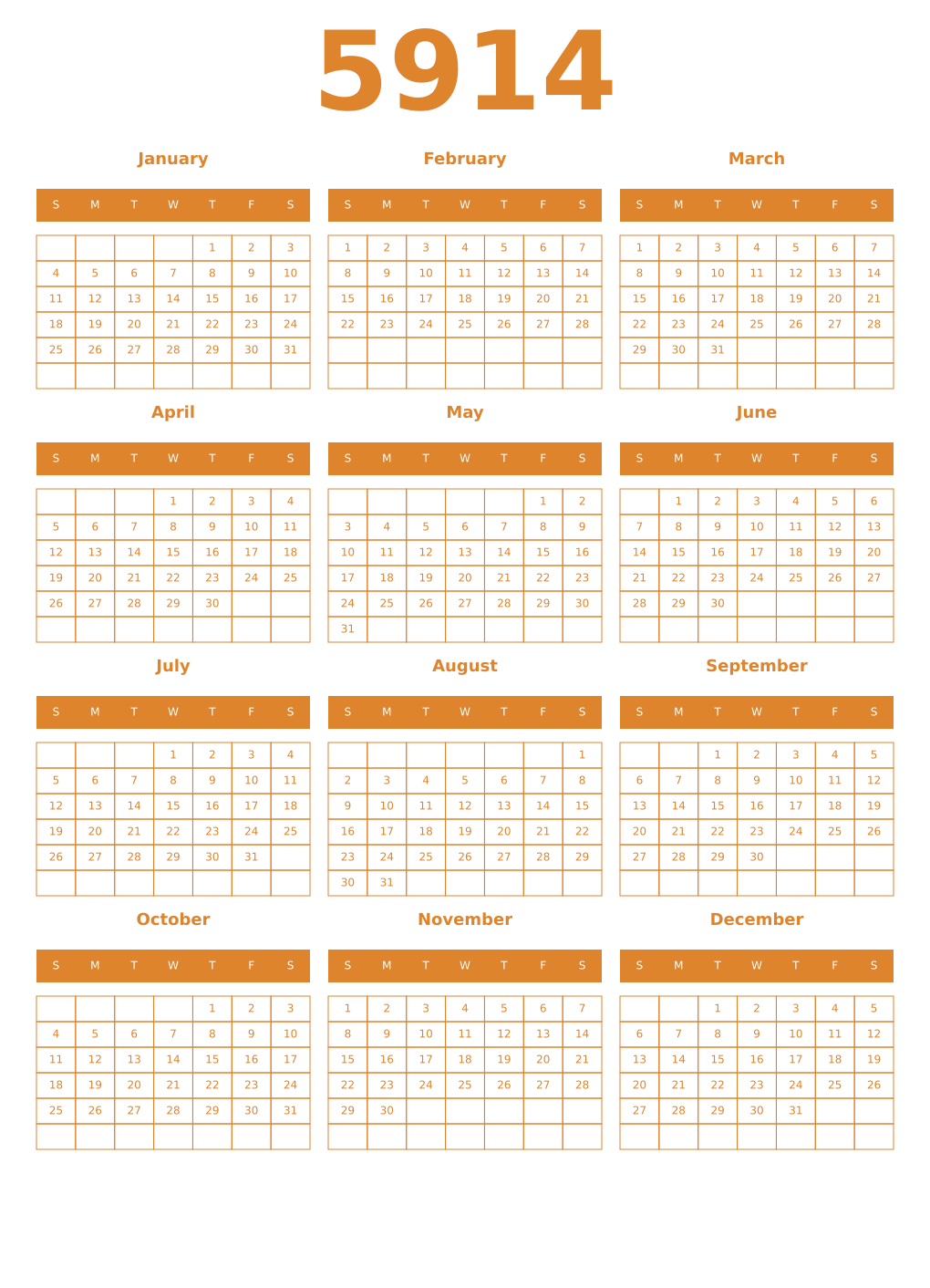 Printable 5914 Year Calendars orange