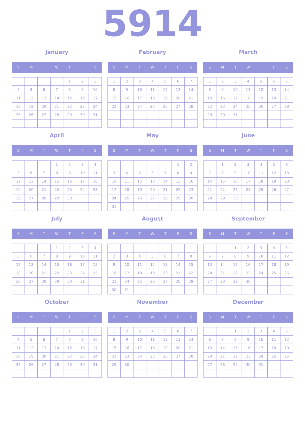 Printable 5914 Year Calendars periwinkle