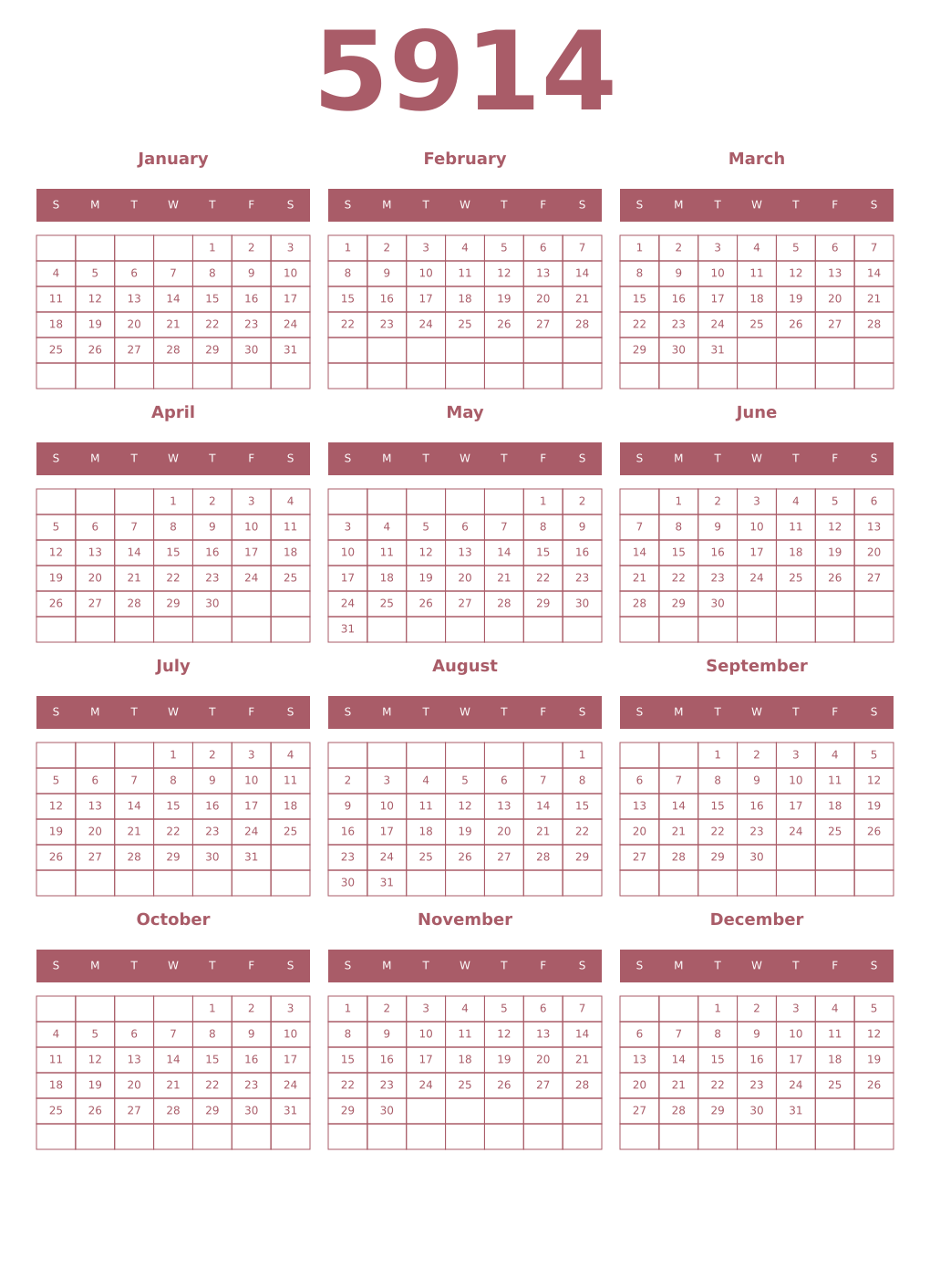Printable 5914 Year Calendars puce
