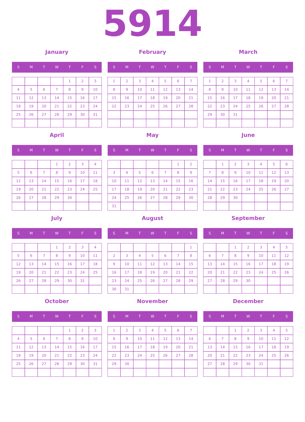 Printable 5914 Year Calendars purple