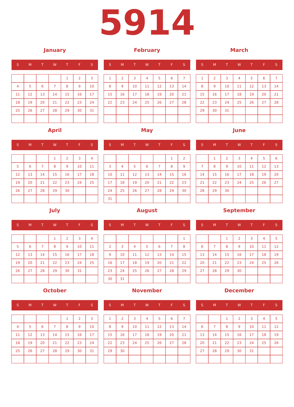 Printable 5914 Year Calendars red