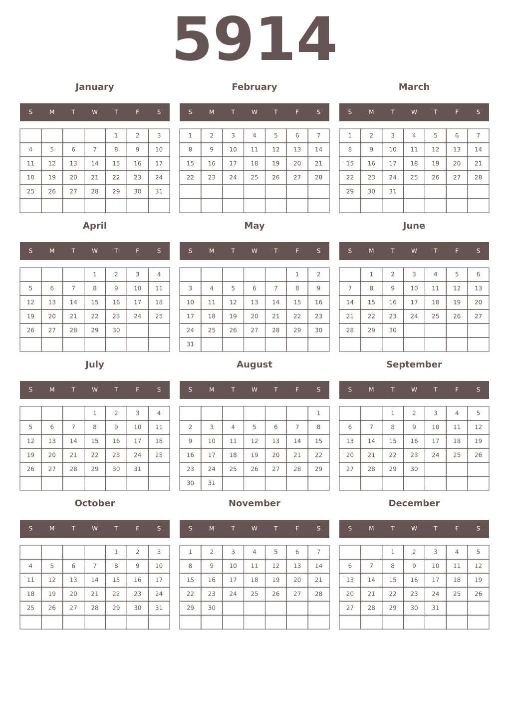 Printable 5914 Year Calendars wenge