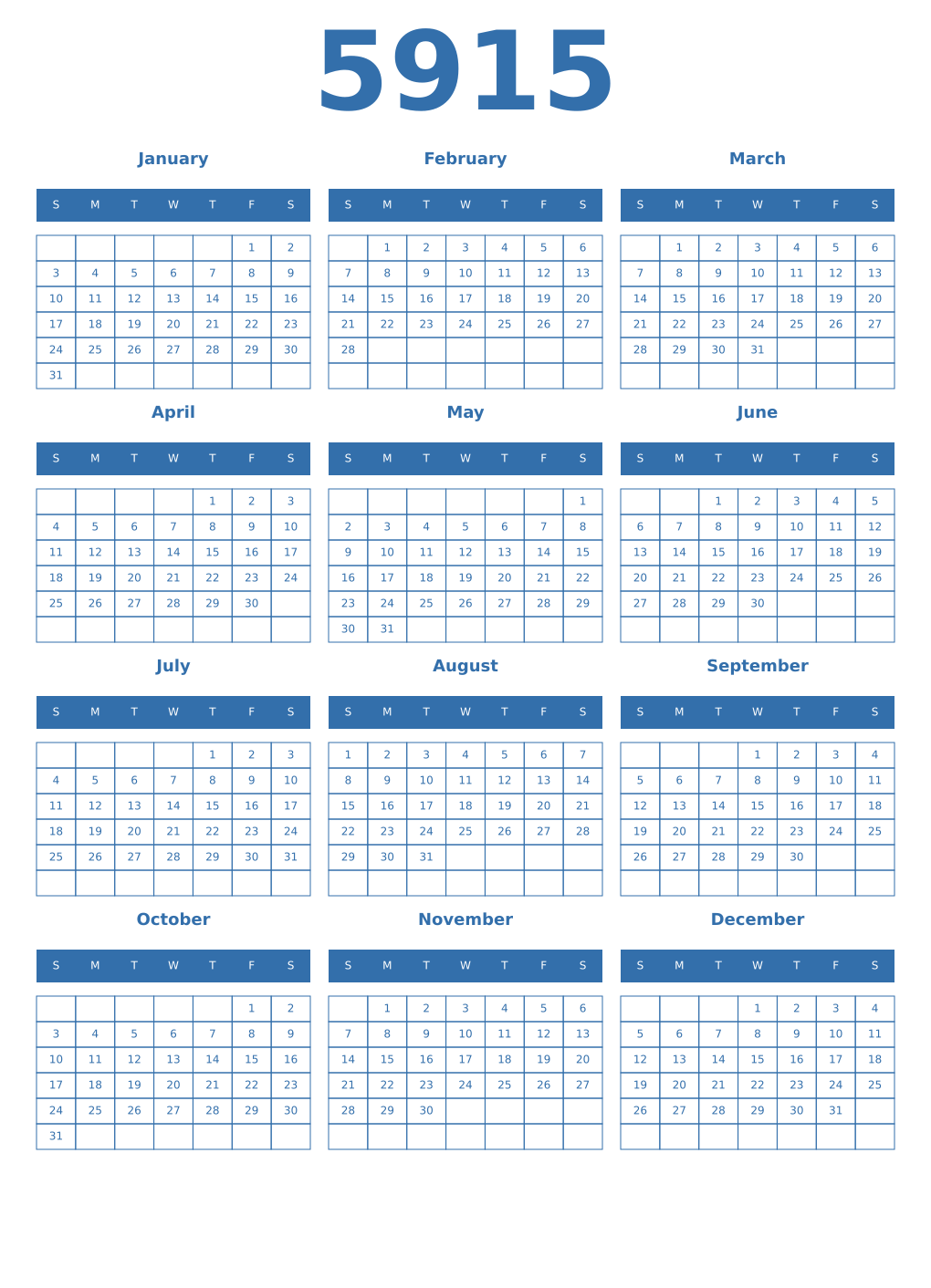 Printable 5915 Year Calendars blue