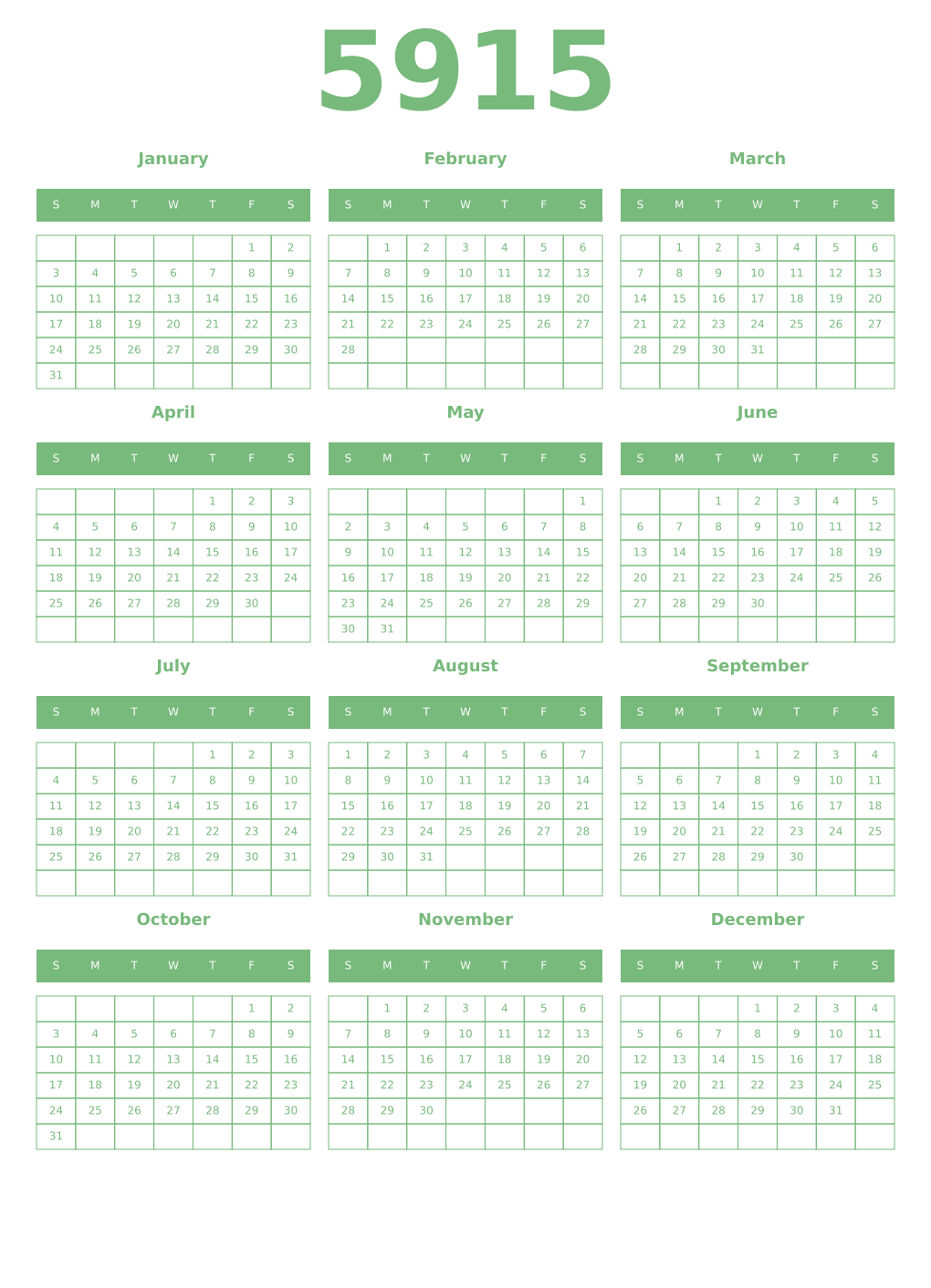 Printable 5915 Year Calendars celadon