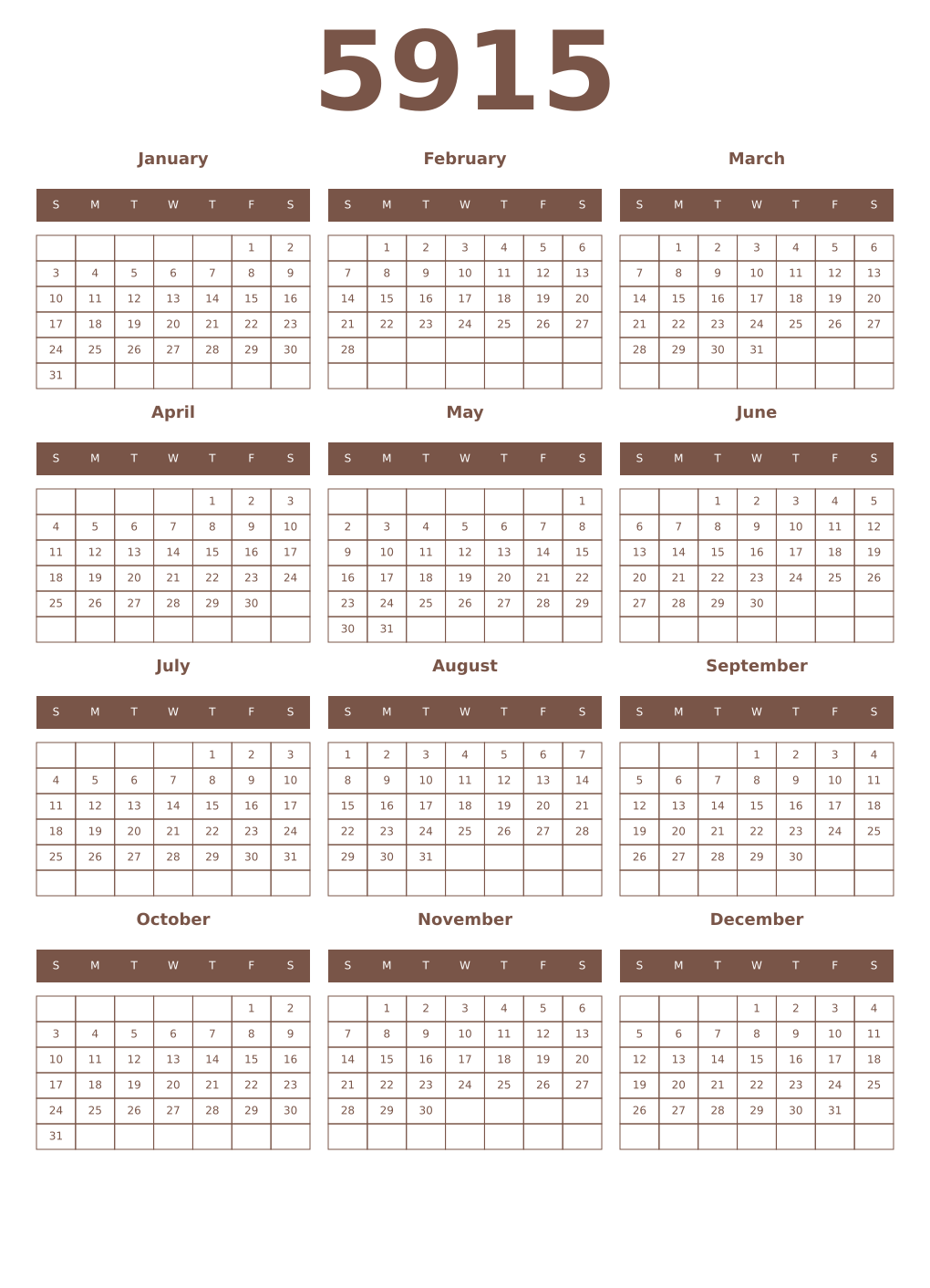 Printable 5915 Year Calendars coffe