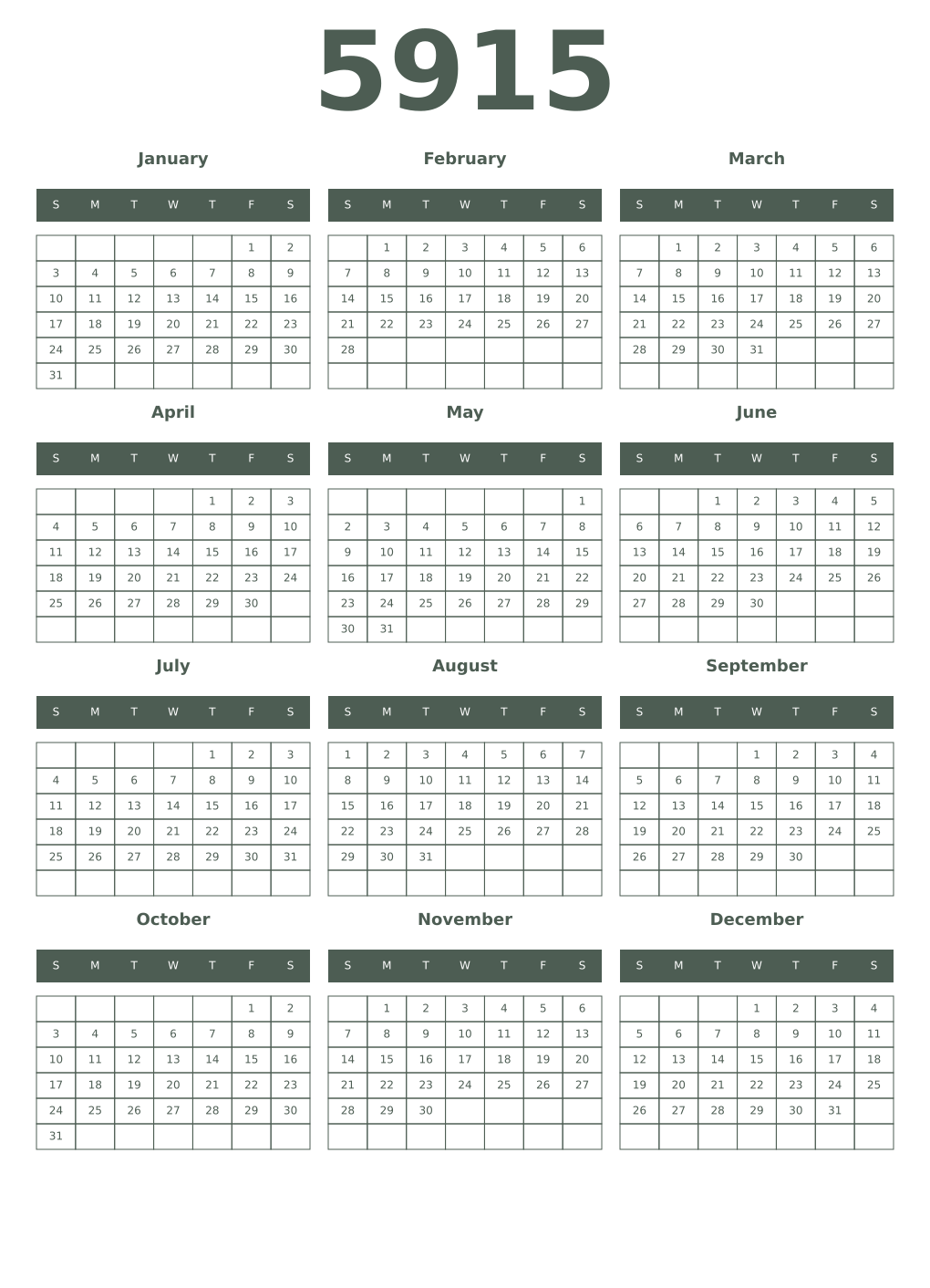 Printable 5915 Year Calendars feldgrau