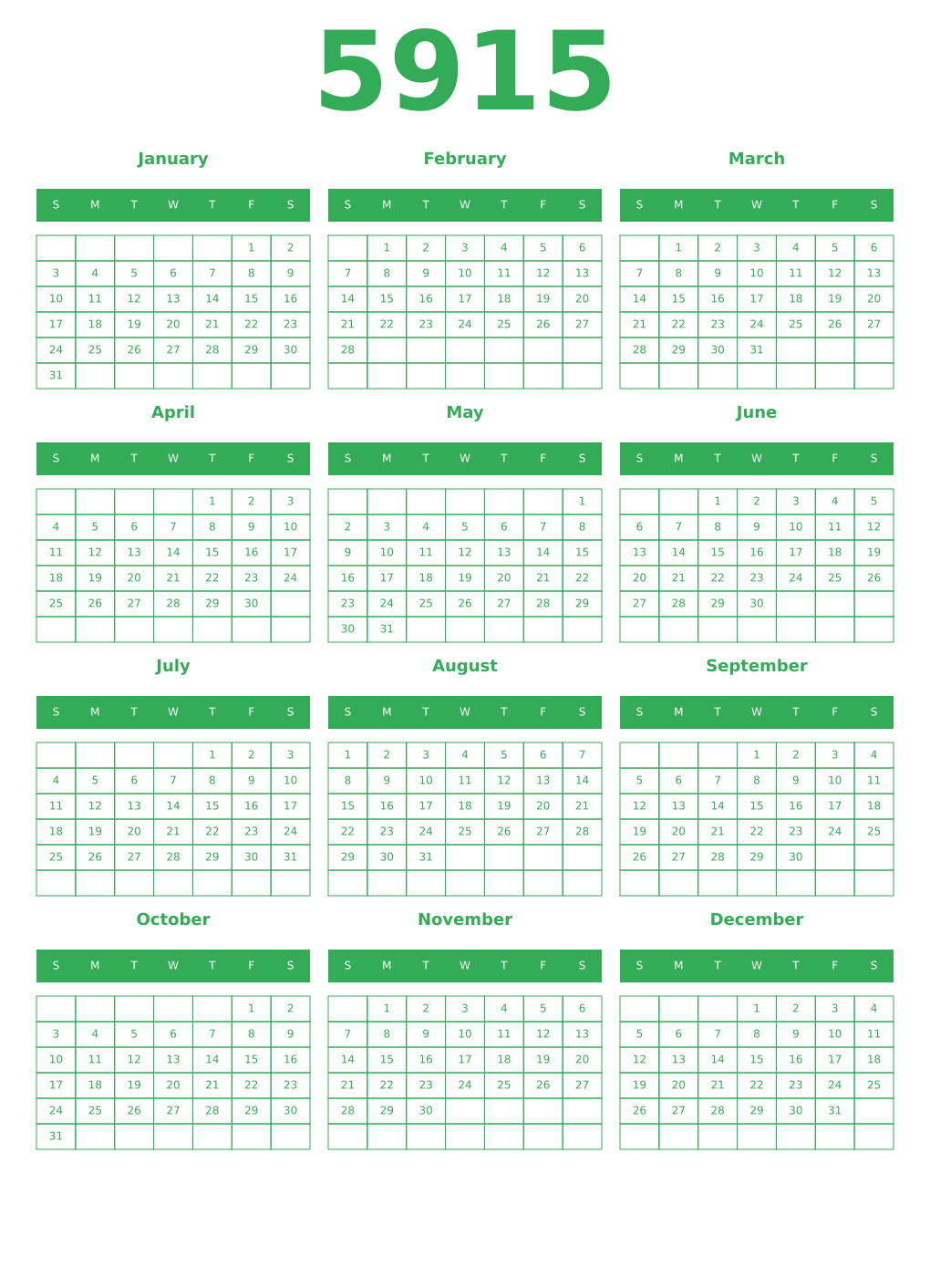 Printable 5915 Year Calendars green