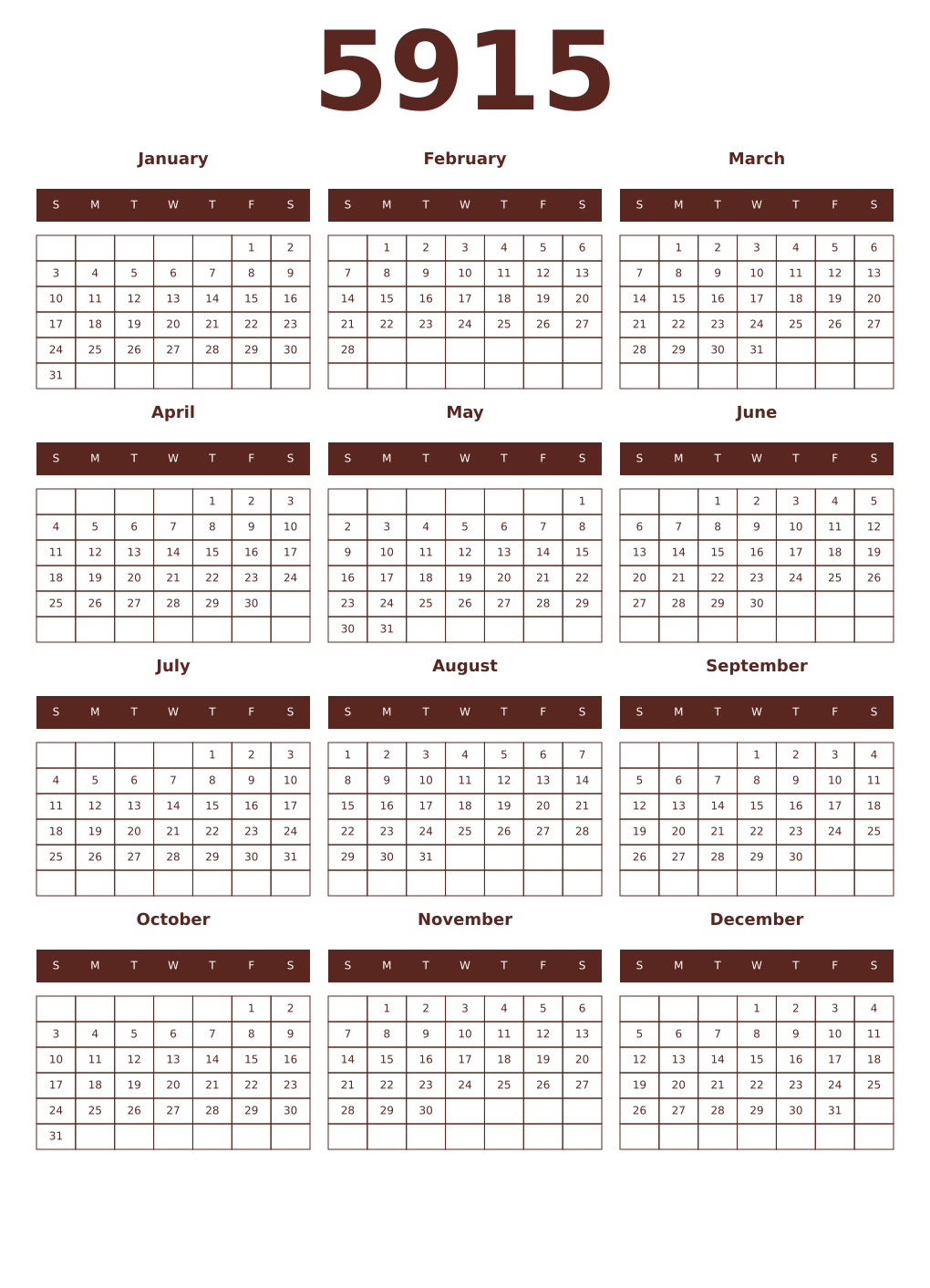 Printable 5915 Year Calendars mortuum