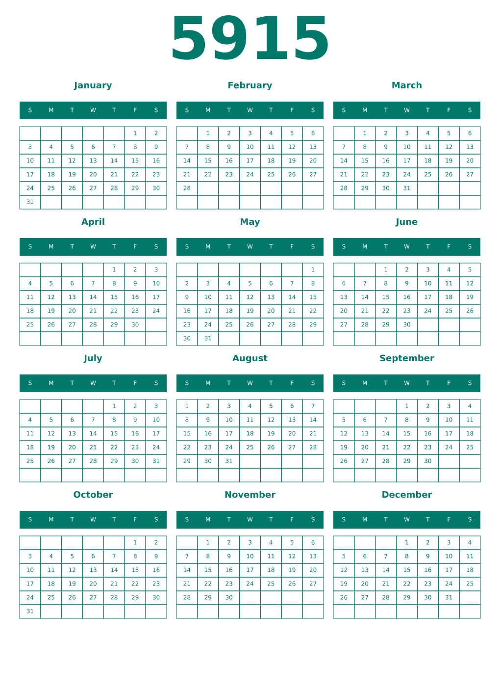 Printable 5915 Year Calendars pastel