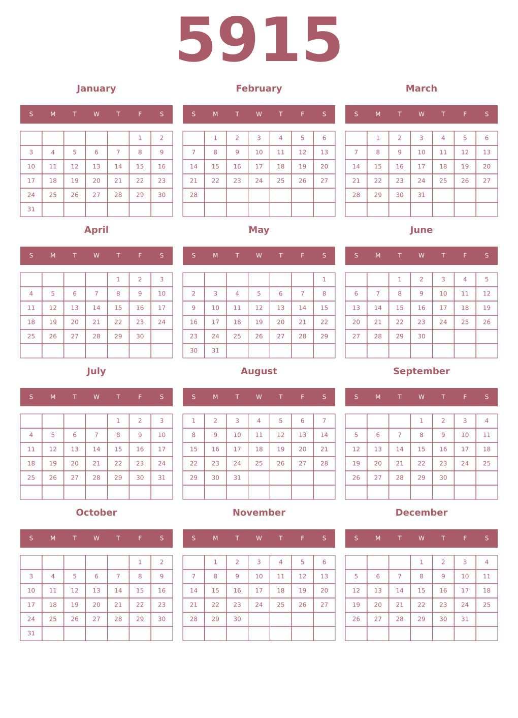 Printable 5915 Year Calendars puce