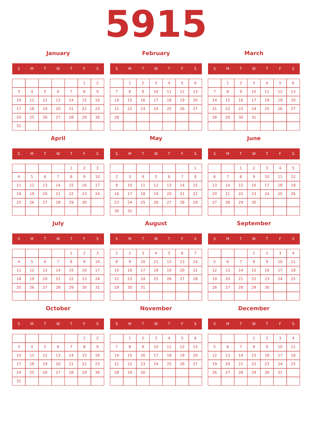 Printable 5915 Year Calendars red