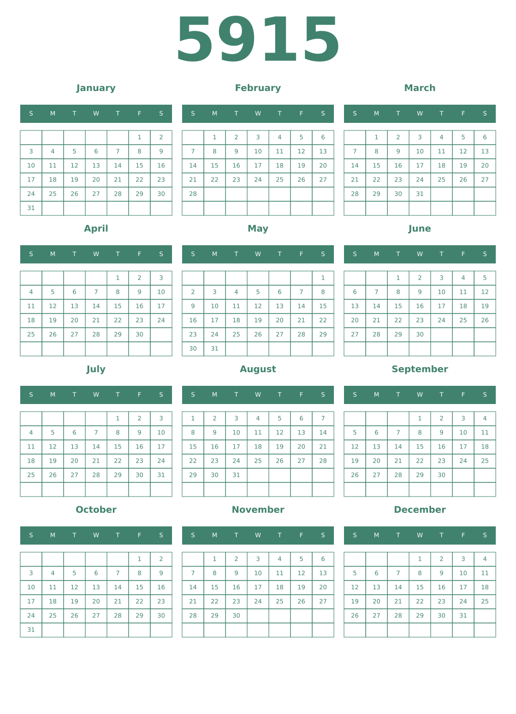 Printable 5915 Year Calendars viridian