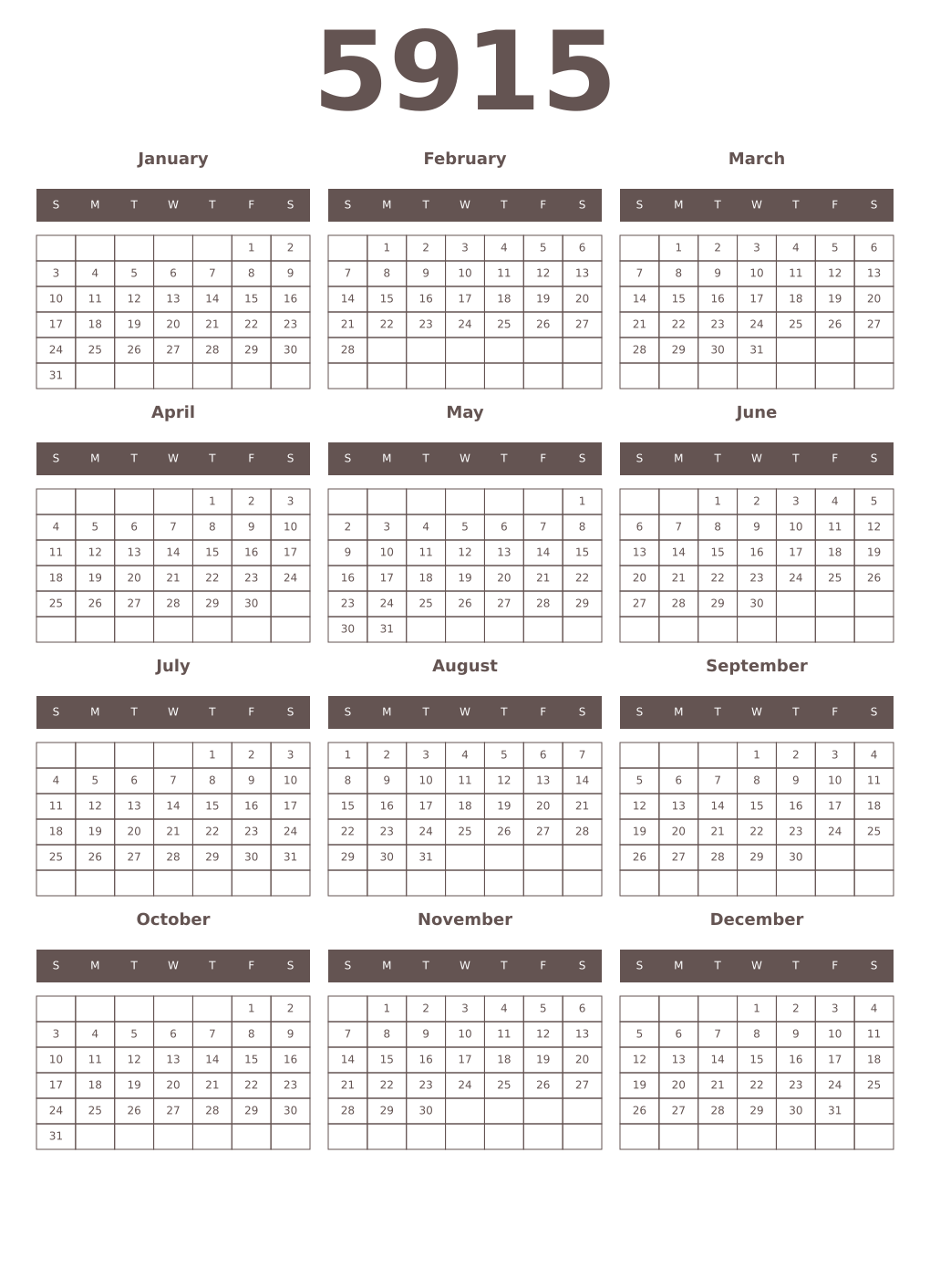 Printable 5915 Year Calendars wenge