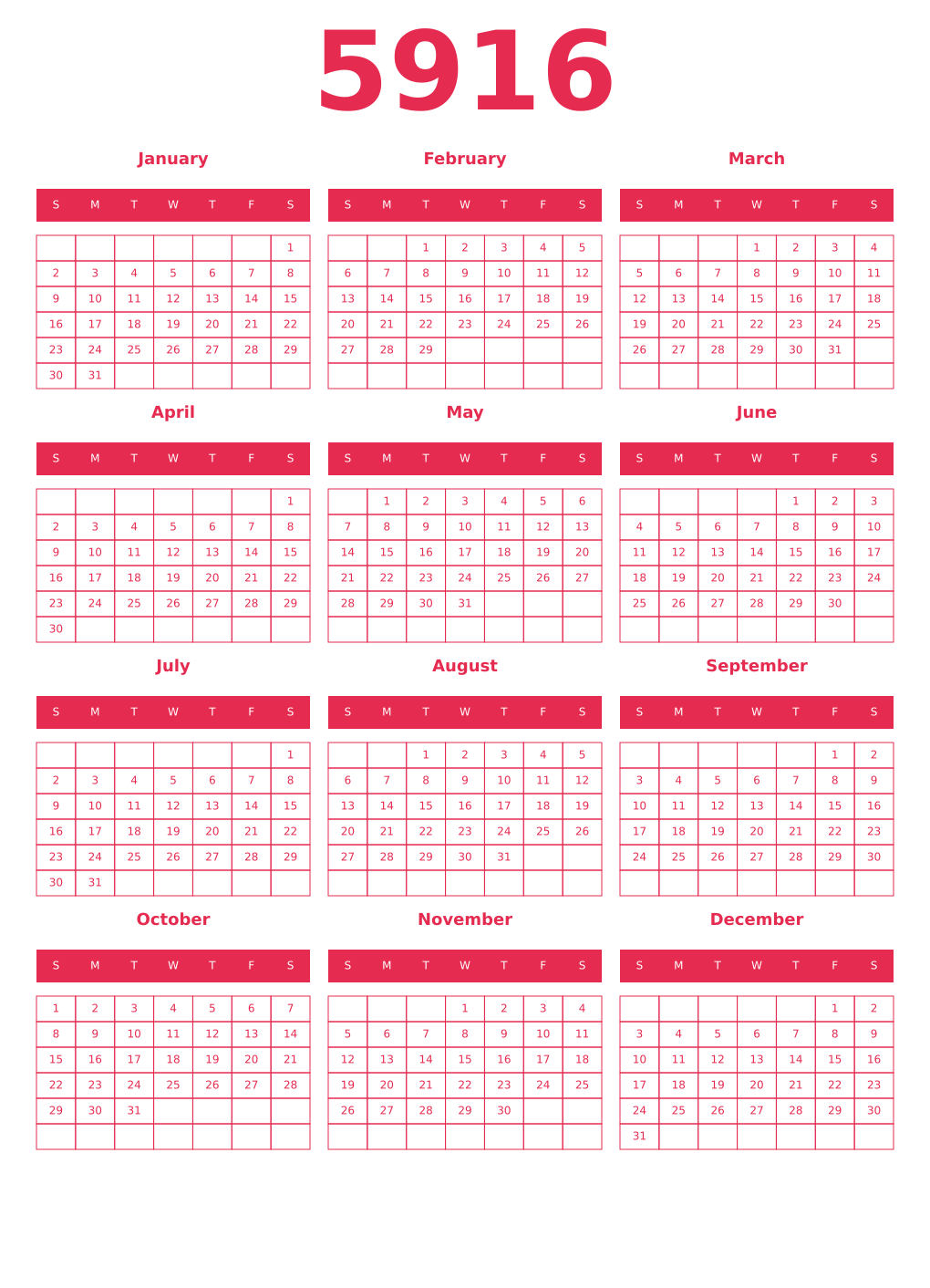 Printable 5916 Year Calendars amaranth
