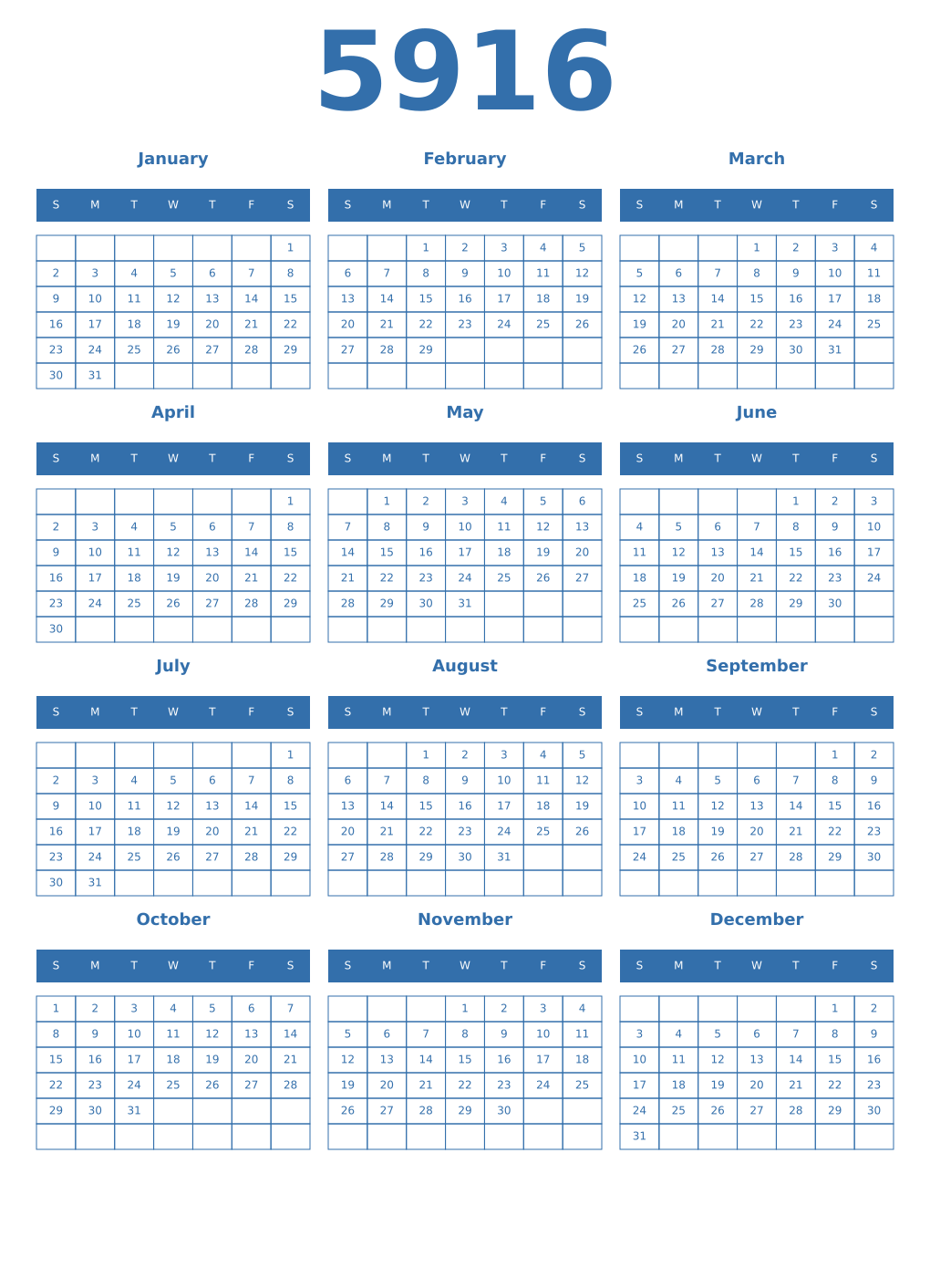 Printable 5916 Year Calendars blue