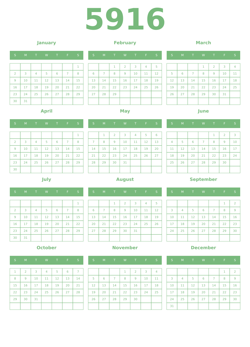 Printable 5916 Year Calendars celadon