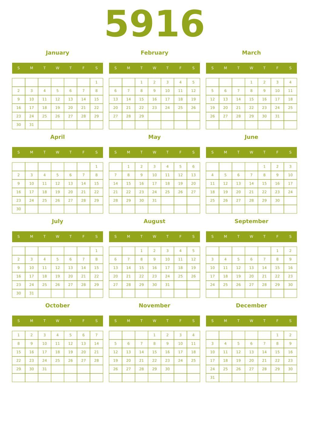 Printable 5916 Year Calendars chartreuse