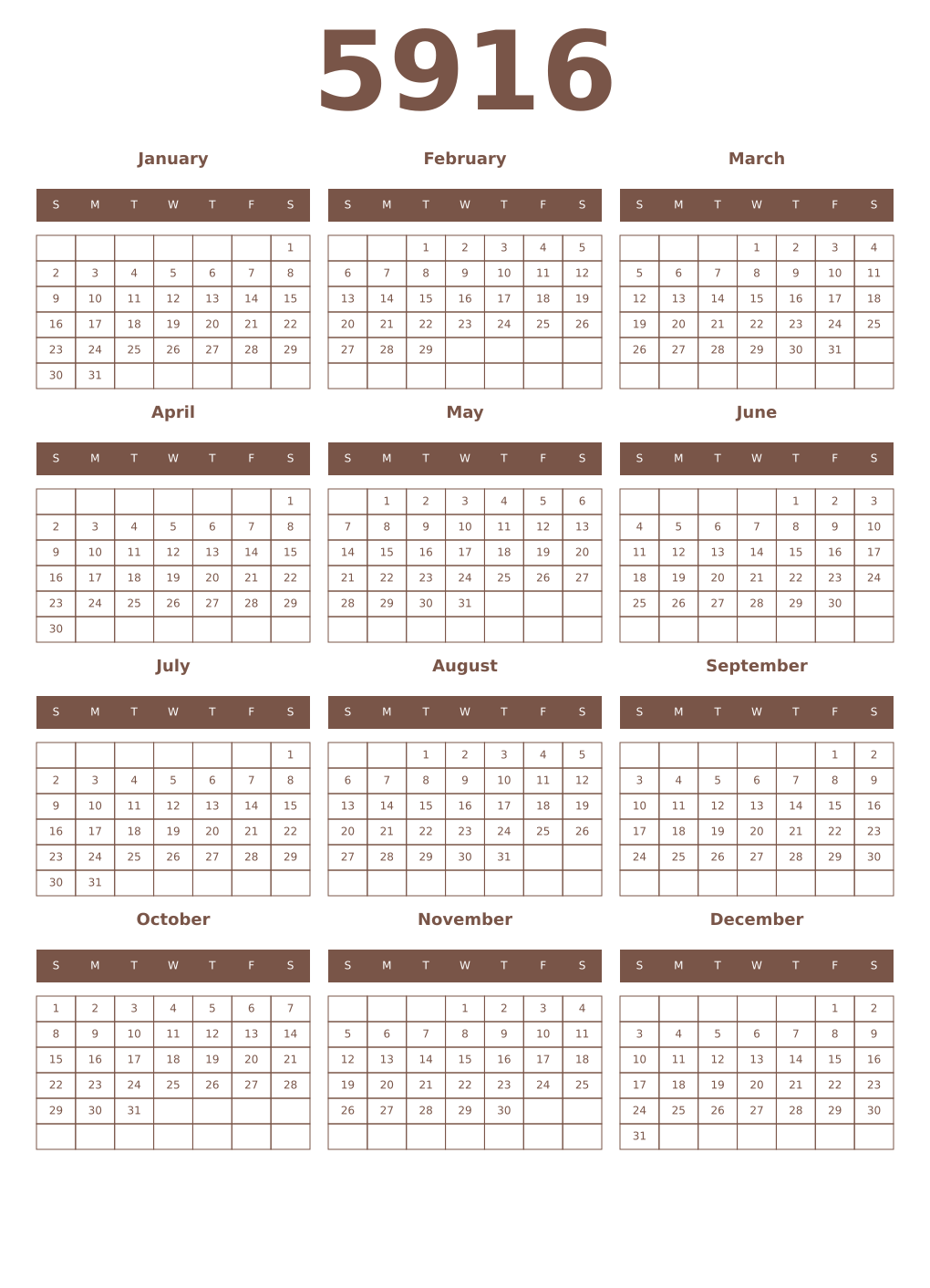 Printable 5916 Year Calendars coffe