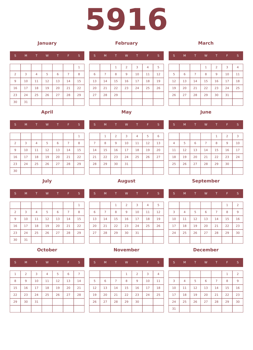 Printable 5916 Year Calendars cordovan