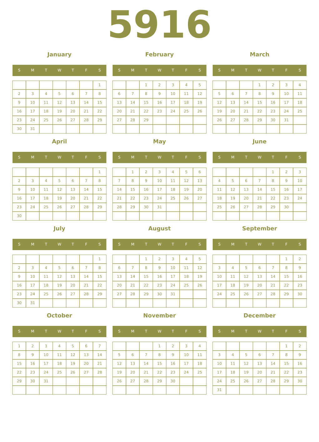 Printable 5916 Year Calendars eburnean