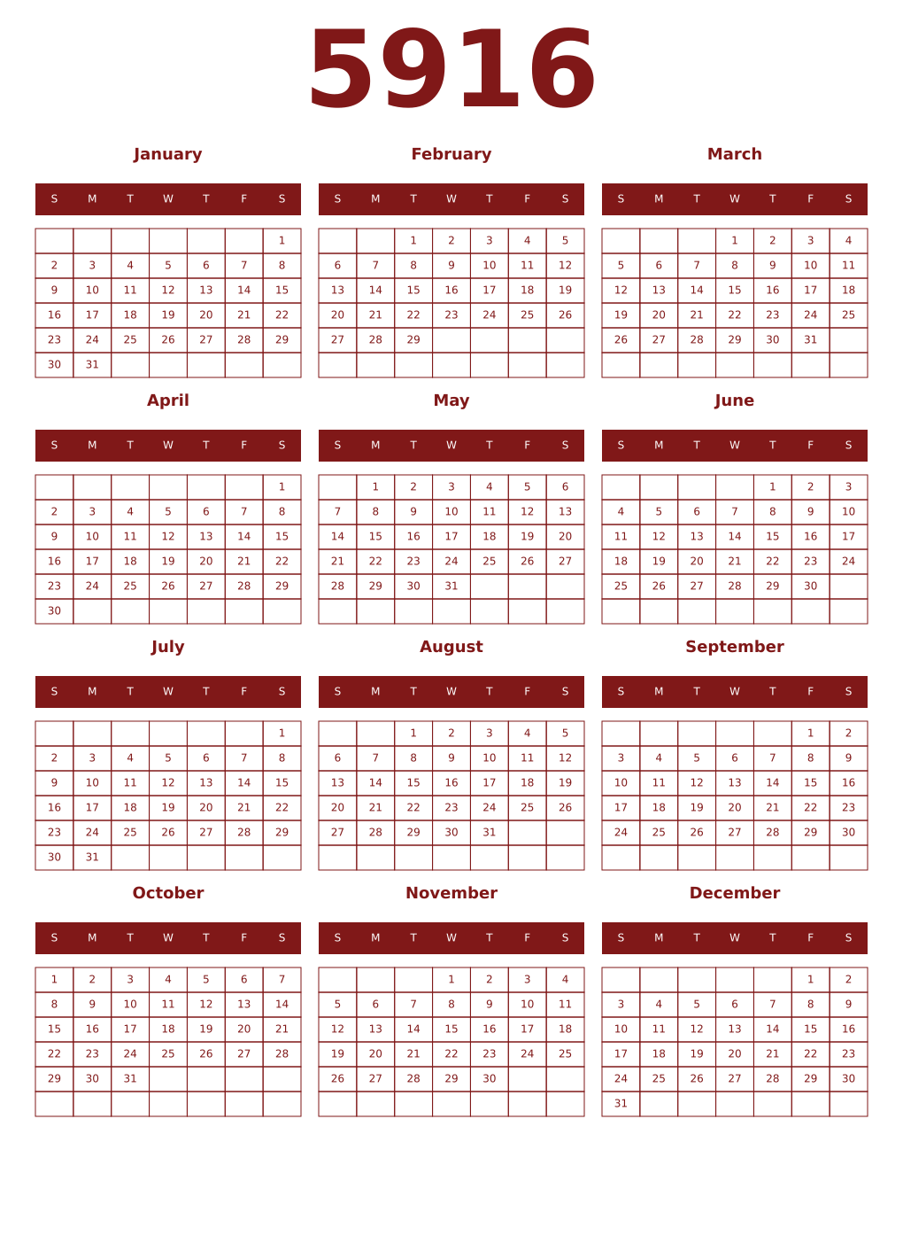 Printable 5916 Year Calendars falu
