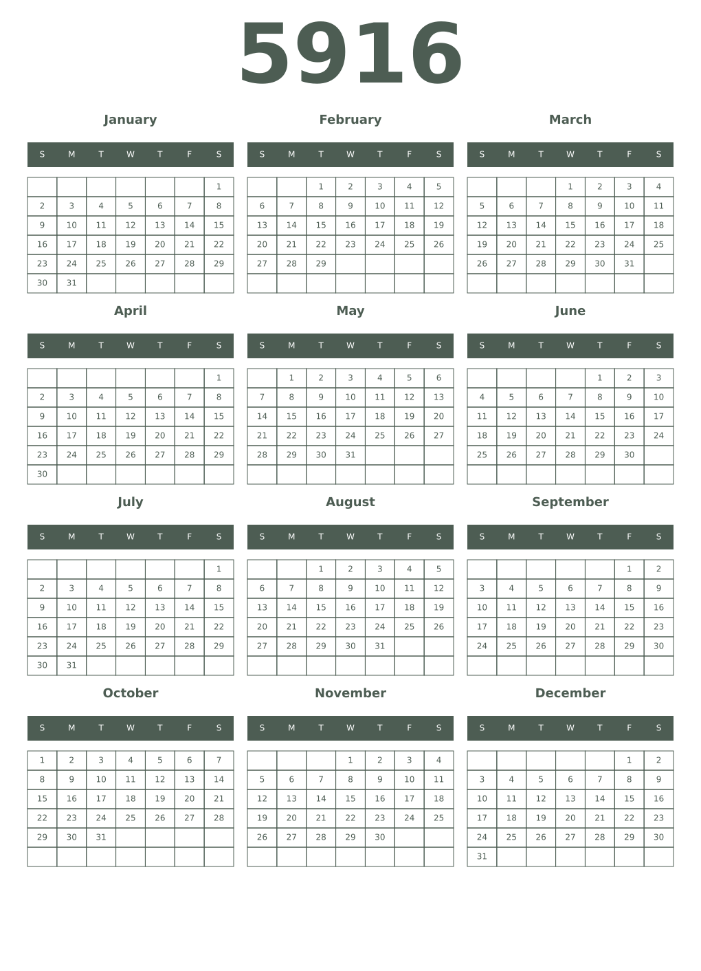 Printable 5916 Year Calendars feldgrau