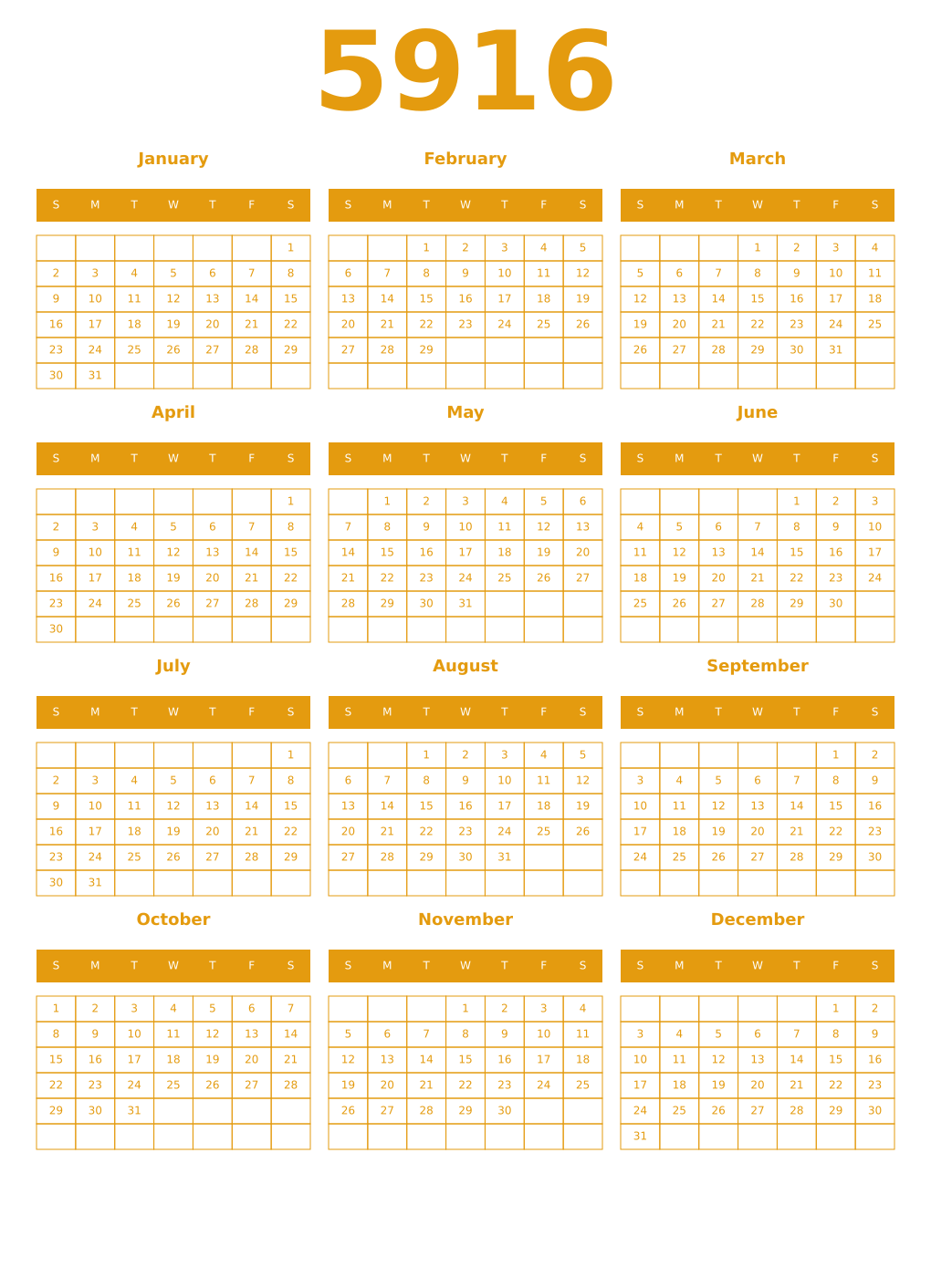 Printable 5916 Year Calendars gamboge