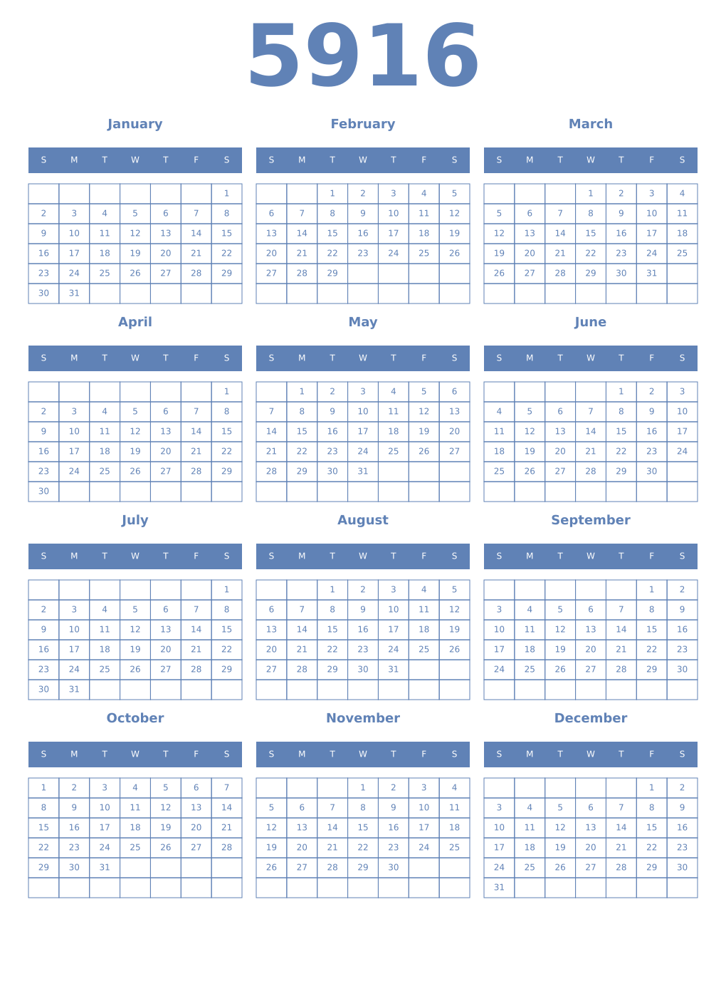 Printable 5916 Year Calendars glaucous
