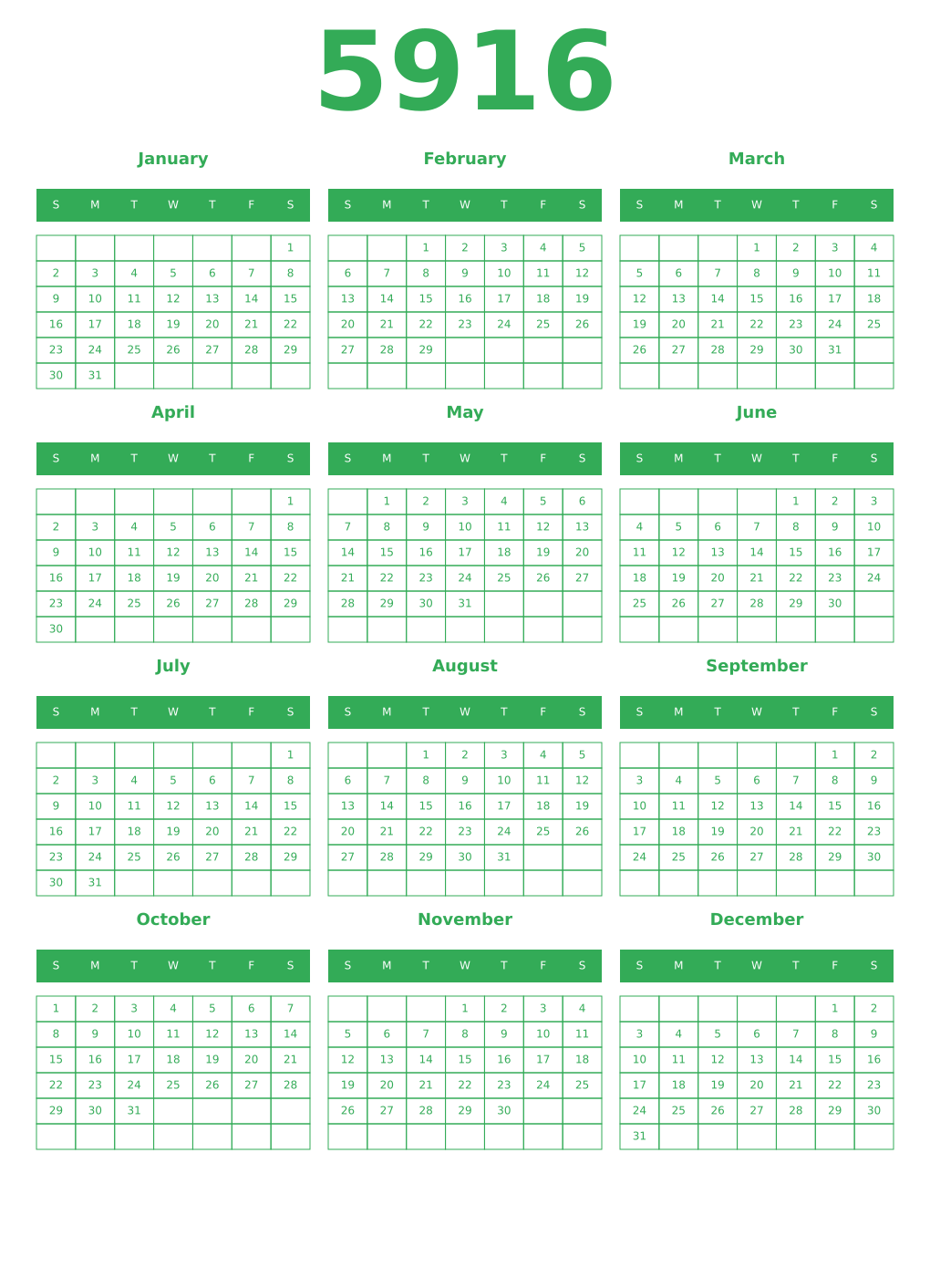 Printable 5916 Year Calendars green