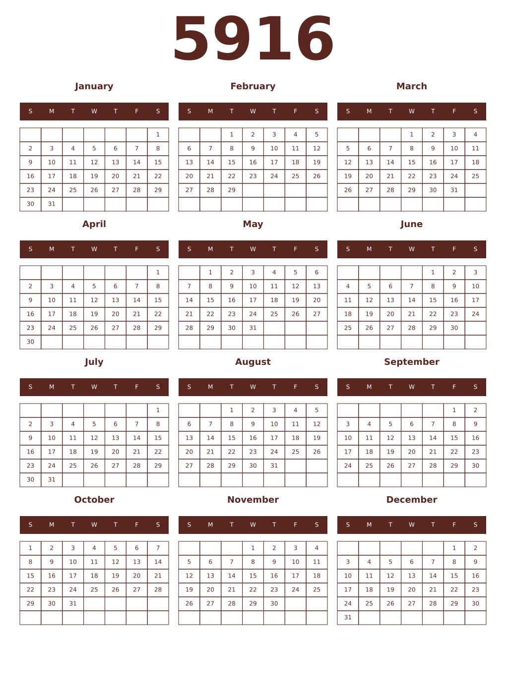 Printable 5916 Year Calendars mortuum