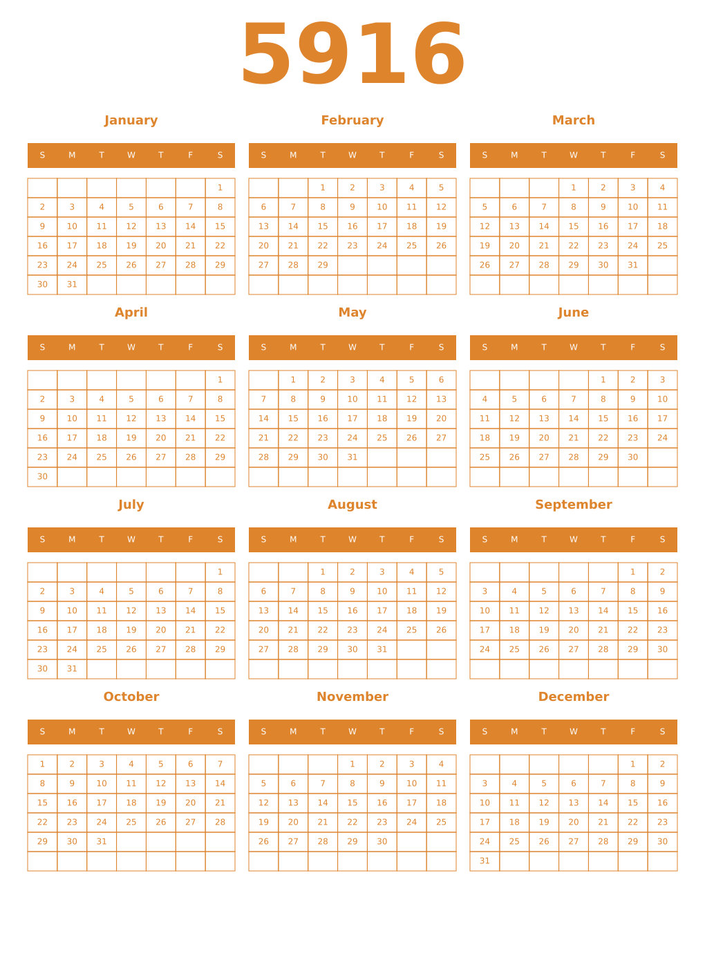 Printable 5916 Year Calendars orange