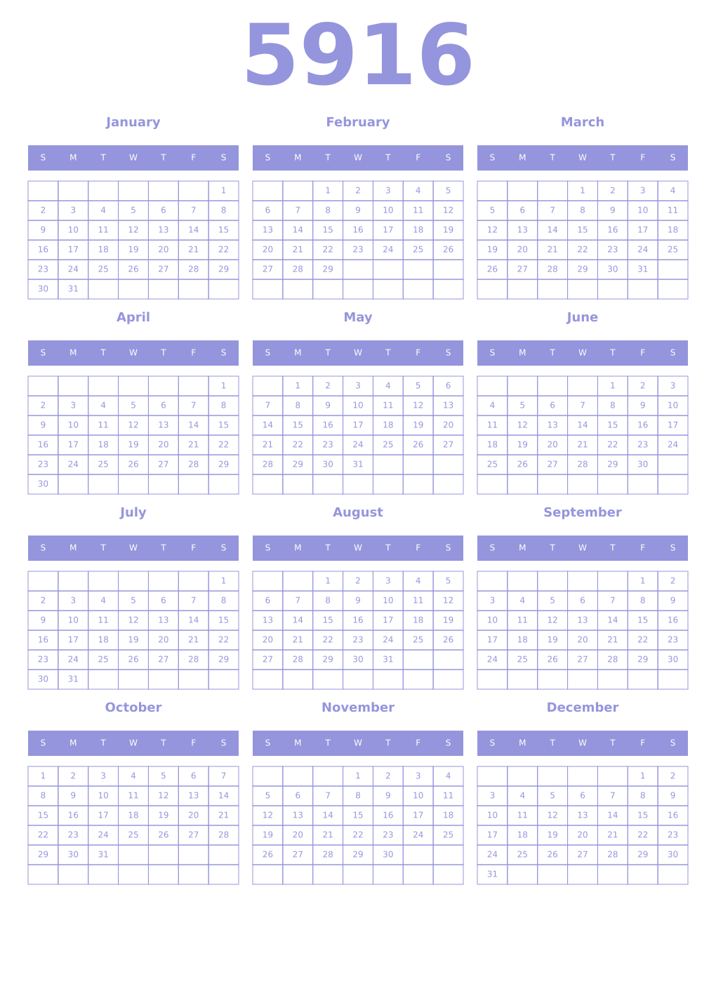 Printable 5916 Year Calendars periwinkle