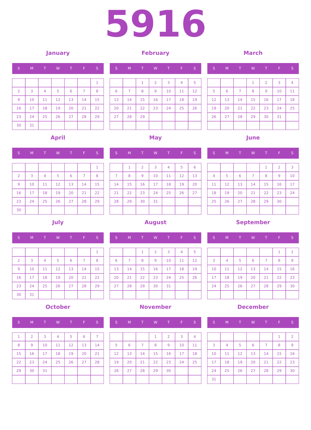 Printable 5916 Year Calendars purple