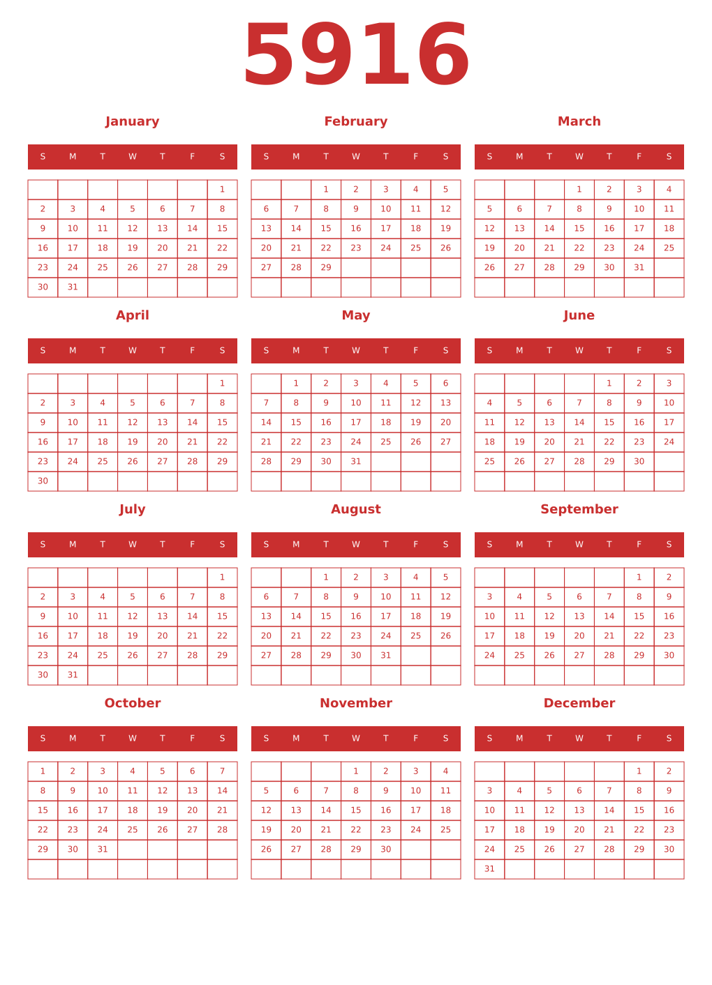 Printable 5916 Year Calendars red