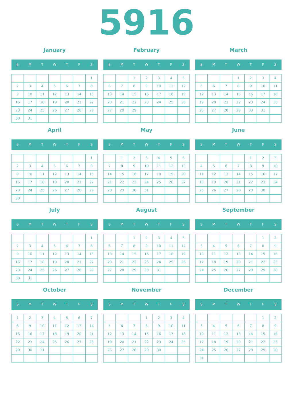 Printable 5916 Year Calendars verdigris