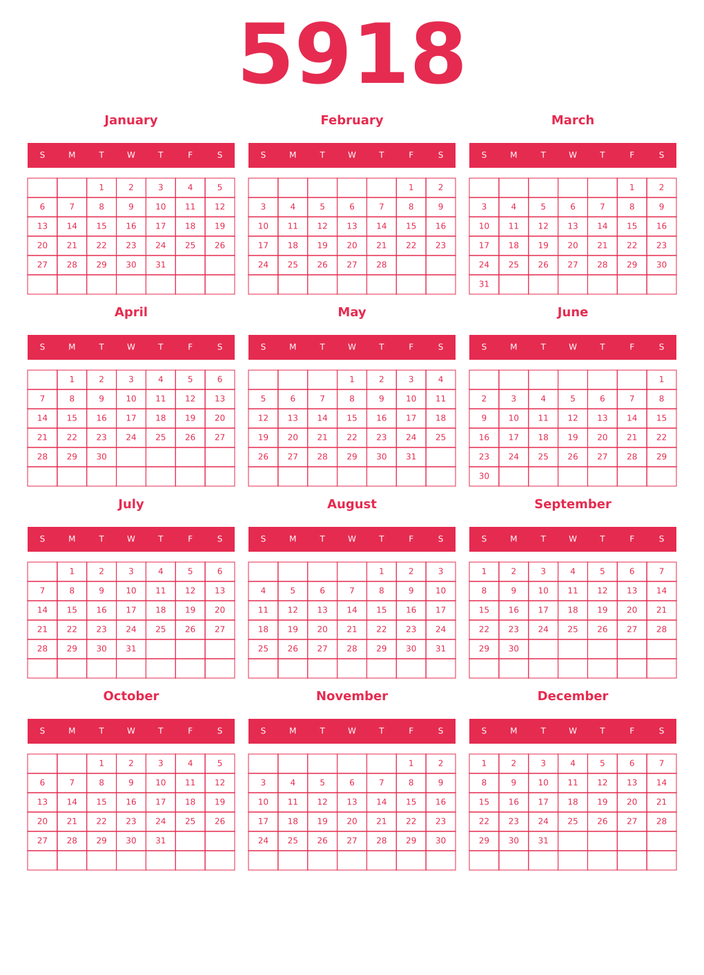 Printable 5918 Year Calendars amaranth