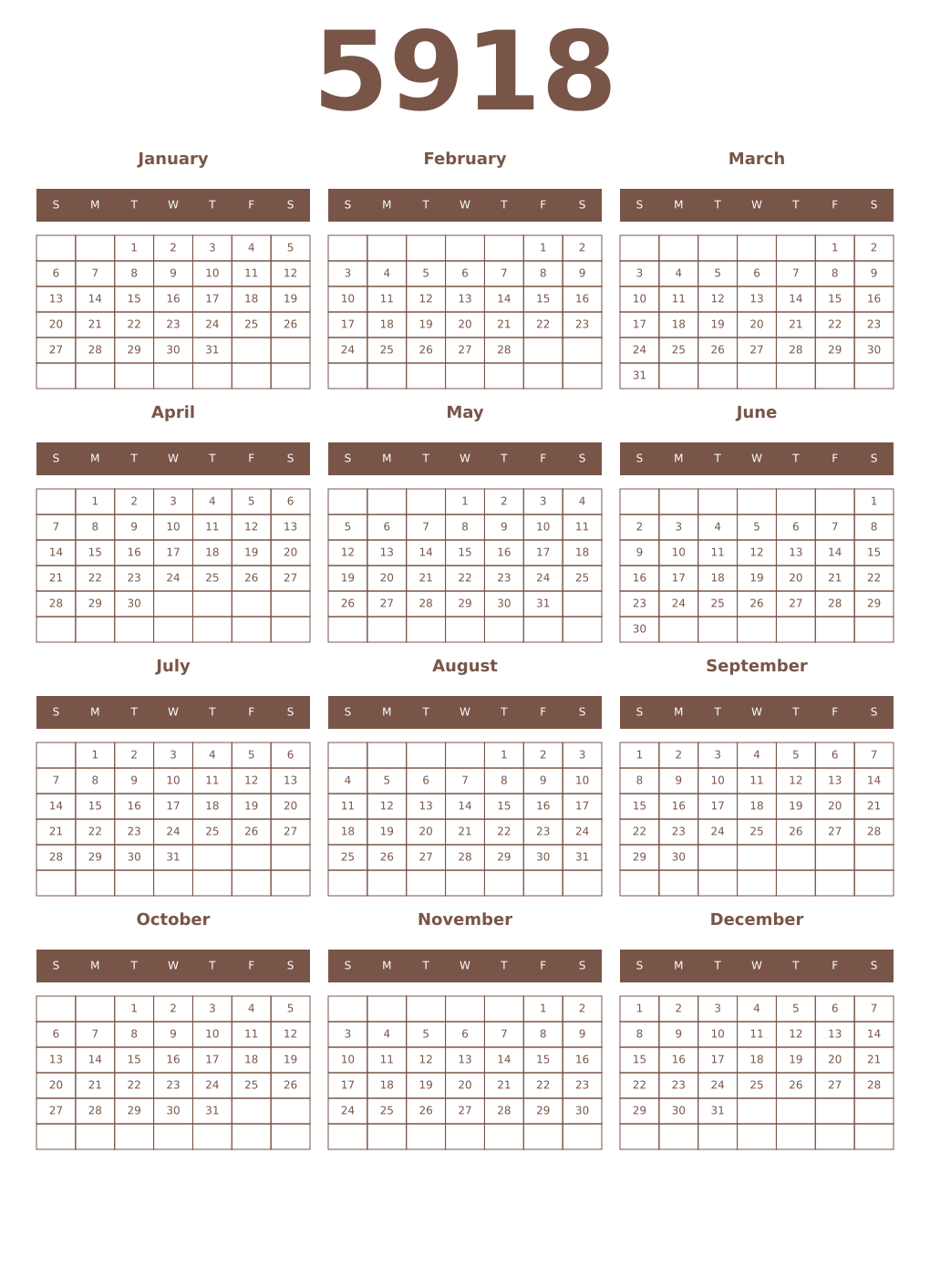 Printable 5918 Year Calendars coffe