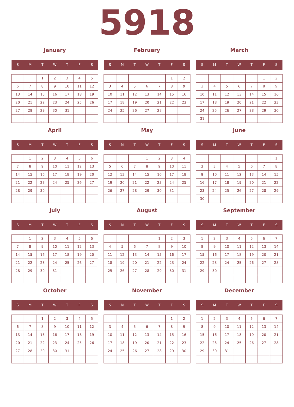 Printable 5918 Year Calendars cordovan