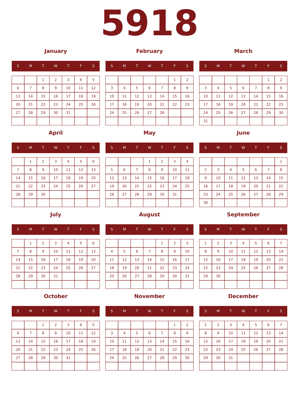 Printable 5918 Year Calendars falu