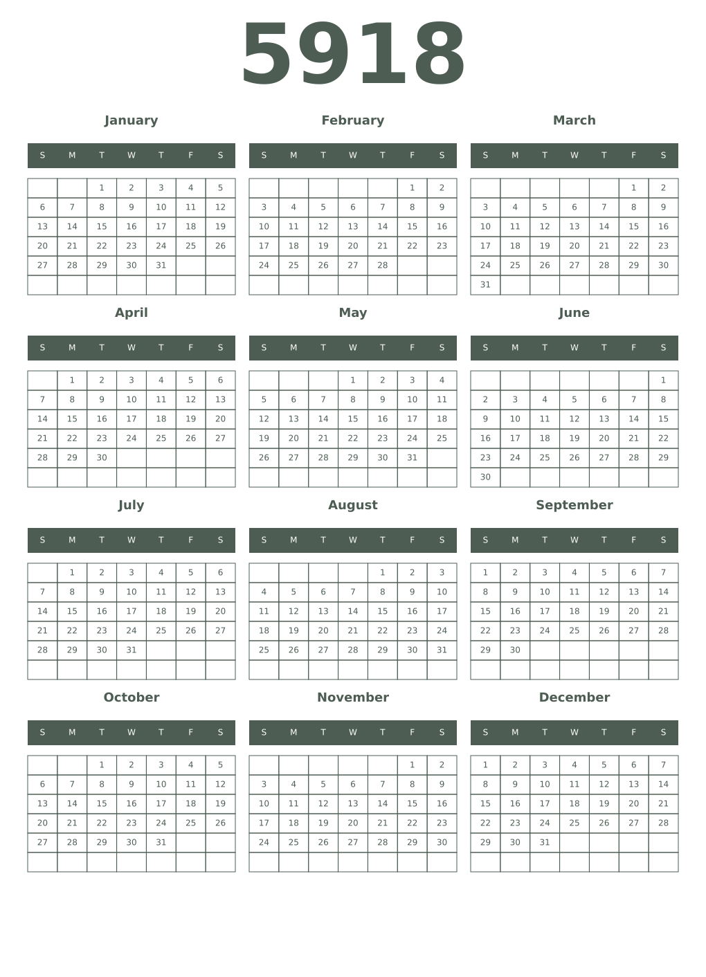 Printable 5918 Year Calendars feldgrau