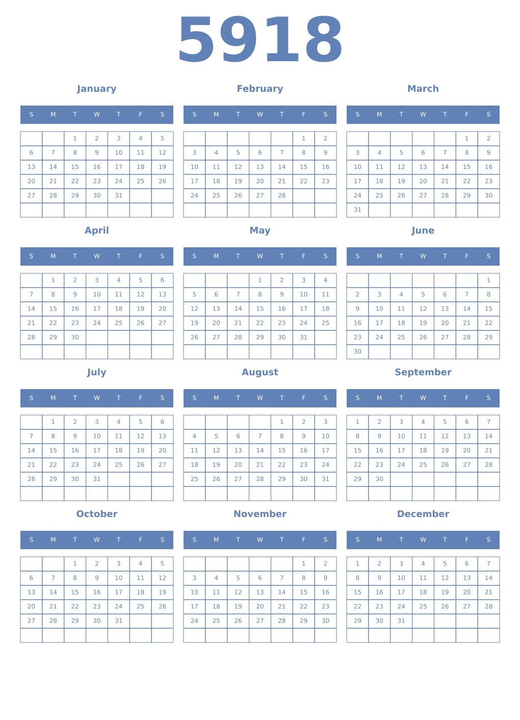 Printable 5918 Year Calendars glaucous