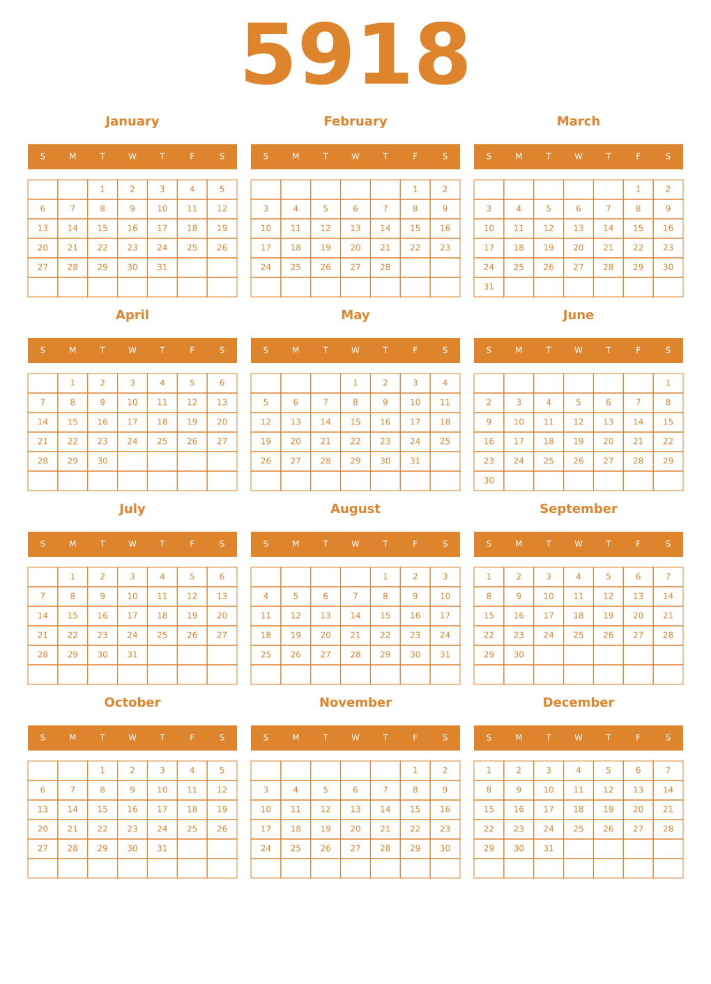 Printable 5918 Year Calendars orange