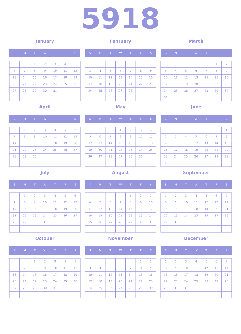 Printable 5918 Year Calendars periwinkle