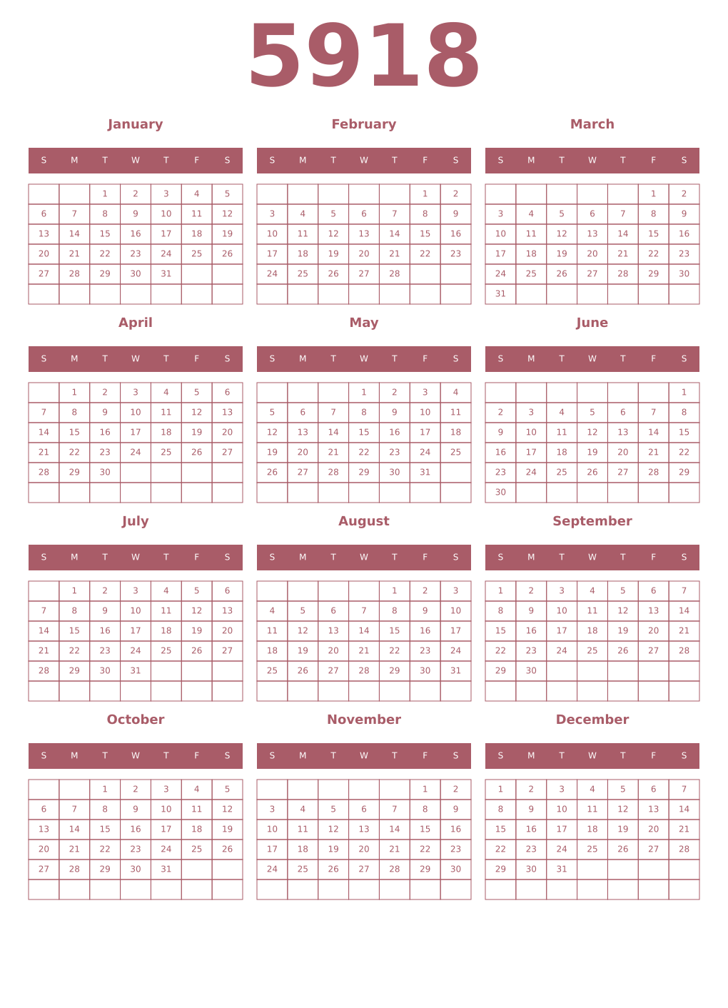 Printable 5918 Year Calendars puce