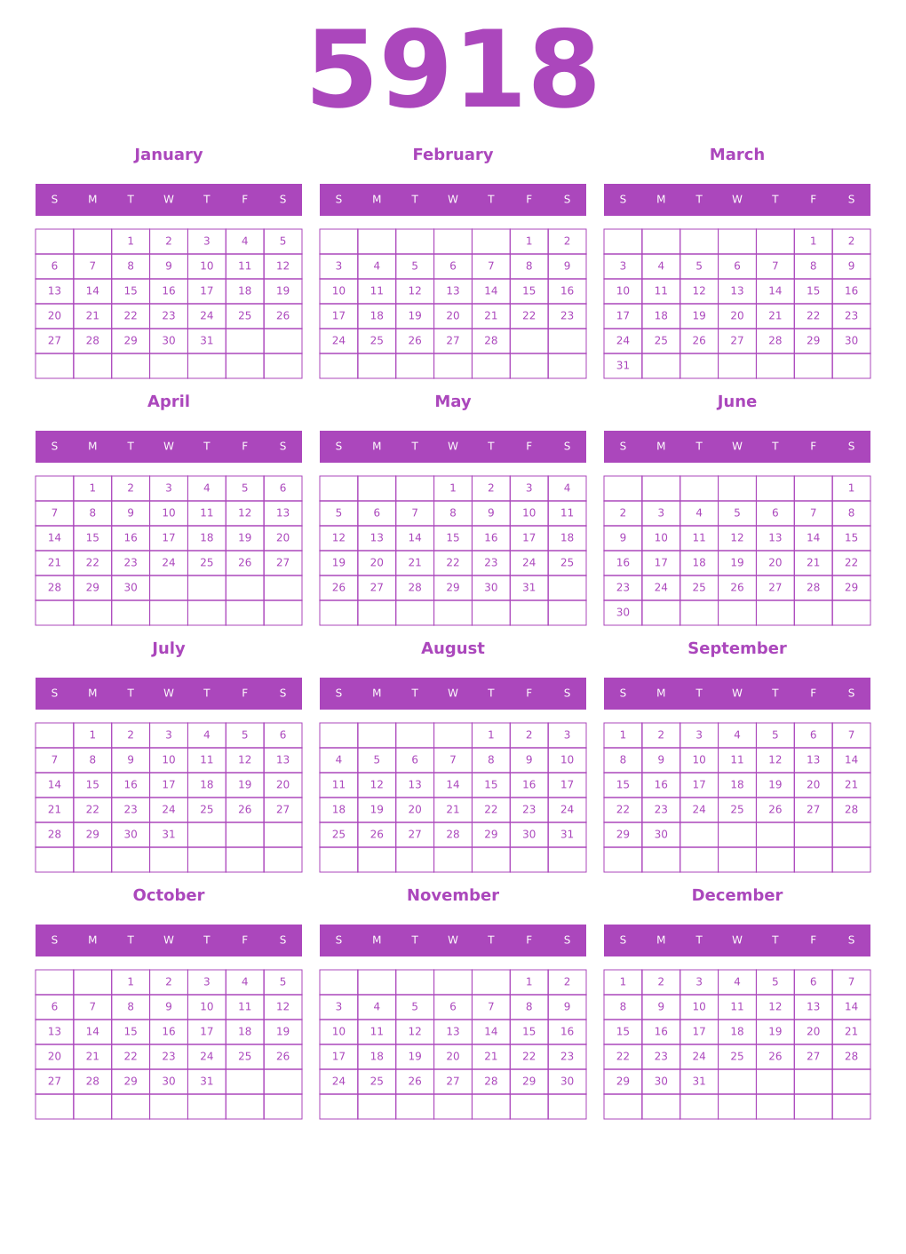 Printable 5918 Year Calendars purple