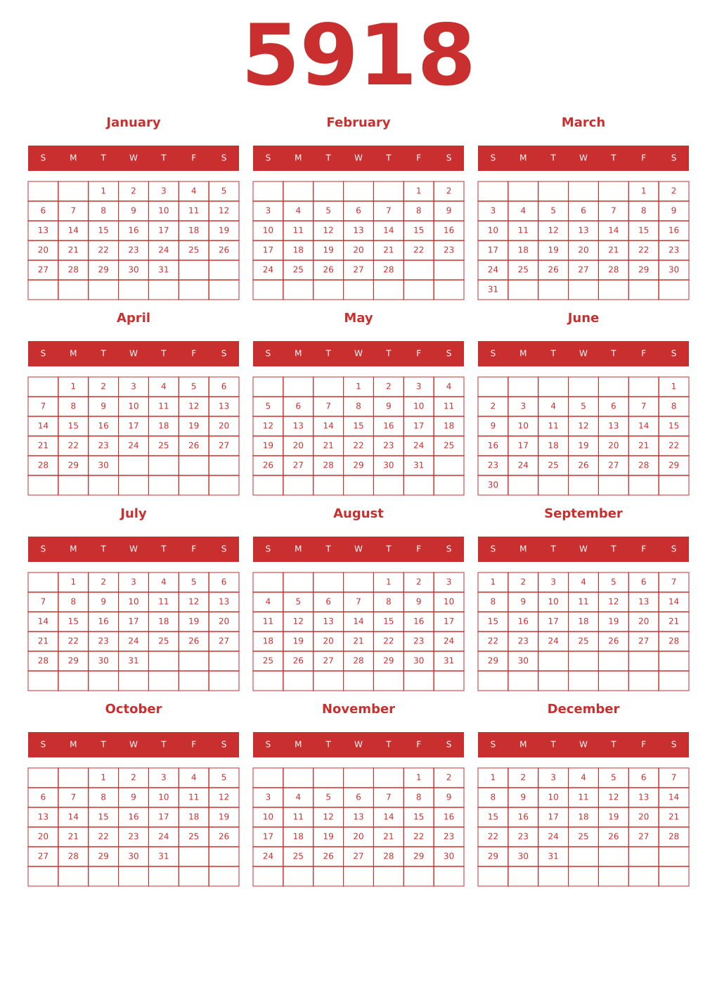 Printable 5918 Year Calendars red