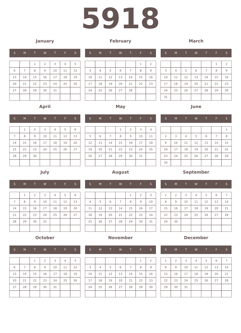 Printable 5918 Year Calendars wenge