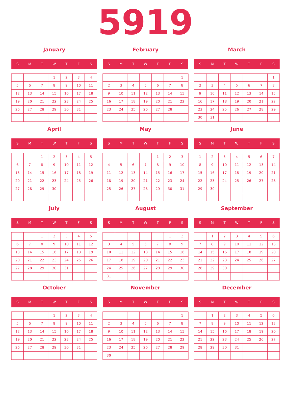 Printable 5919 Year Calendars amaranth