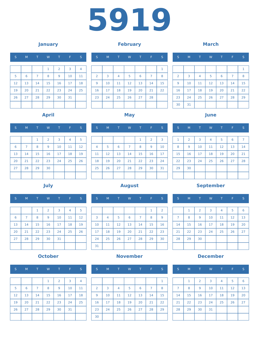Printable 5919 Year Calendars blue