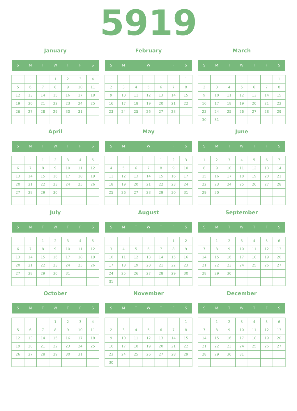 Printable 5919 Year Calendars celadon